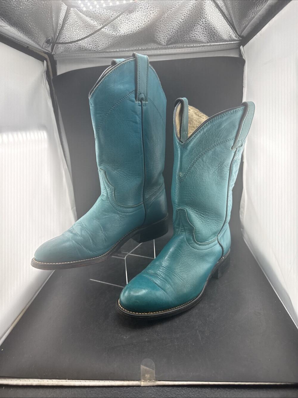 Vtg Wrangler Roper Boots Womens 6.5 M Teal Turquoise Blue Leather Western USA